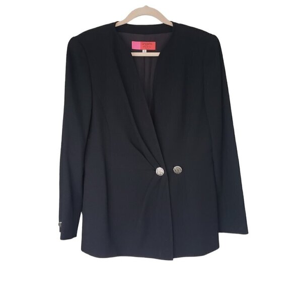 Vintage Ungaro Wool Blazer Collarless V-neck Two Button Pleated Front Black - Picture 1 of 10